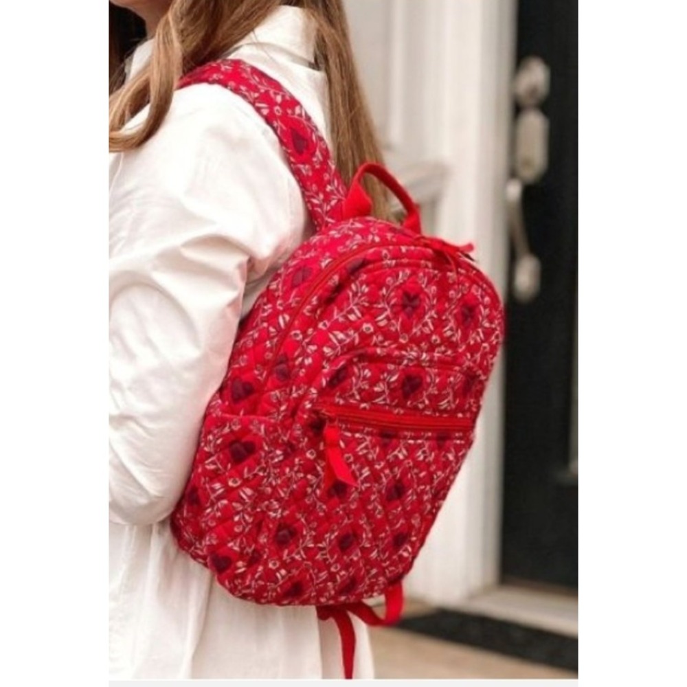 Vera Bradley Quilted Cotton Backpack Red Heart Floral Print Large Travel Bag